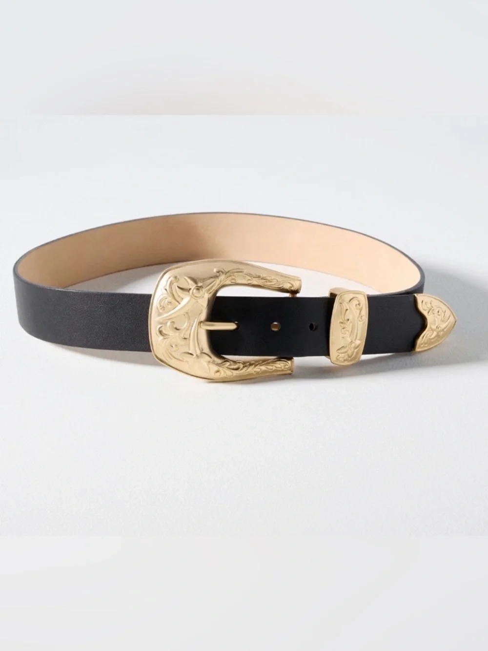 Anthropologie Streets Ahead Big Buckle Western Belt Gold Plated Leather Size XS